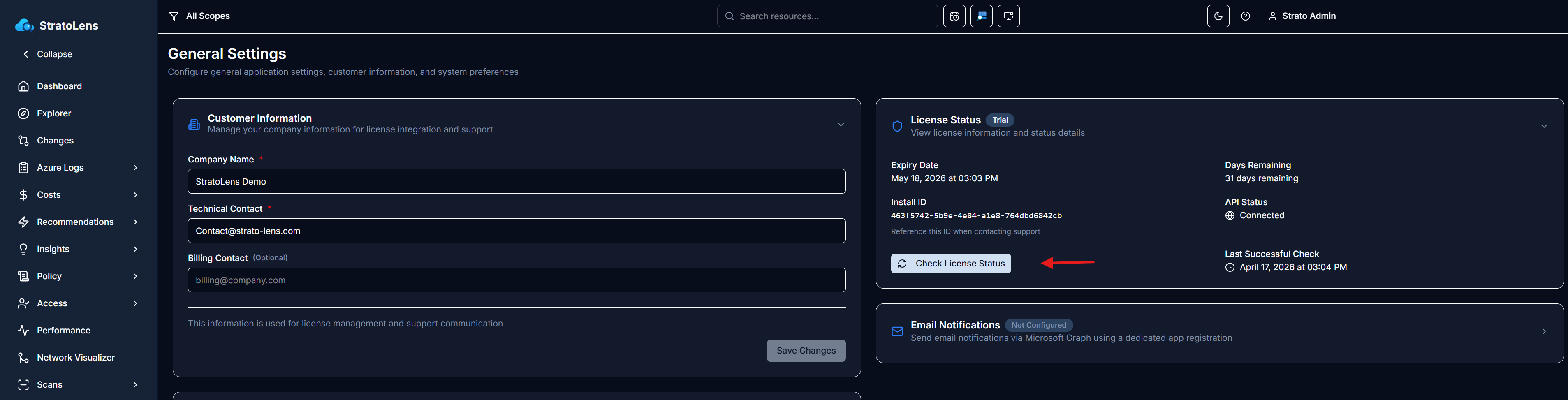 Settings General page with the License Status panel showing Trial status, Expiry Date, Install ID, API Status Connected, Days Remaining, and a Check License Status button with a red arrow pointing at it