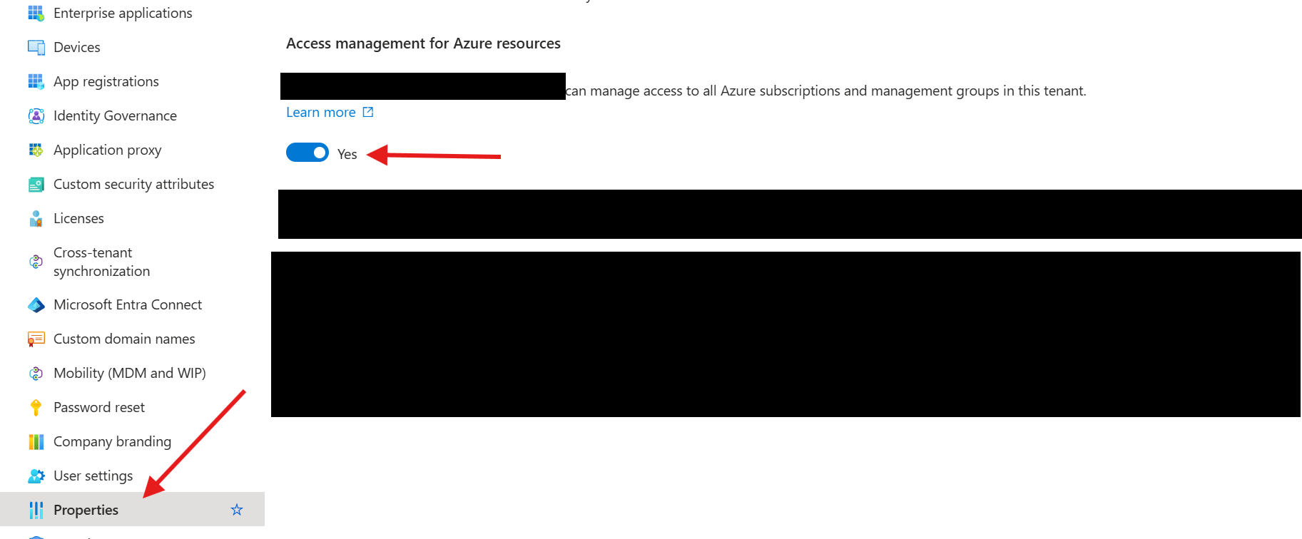 Microsoft Entra ID Properties page with the Access management for Azure resources toggle set to Yes and a red arrow pointing to the toggle and the Properties menu item