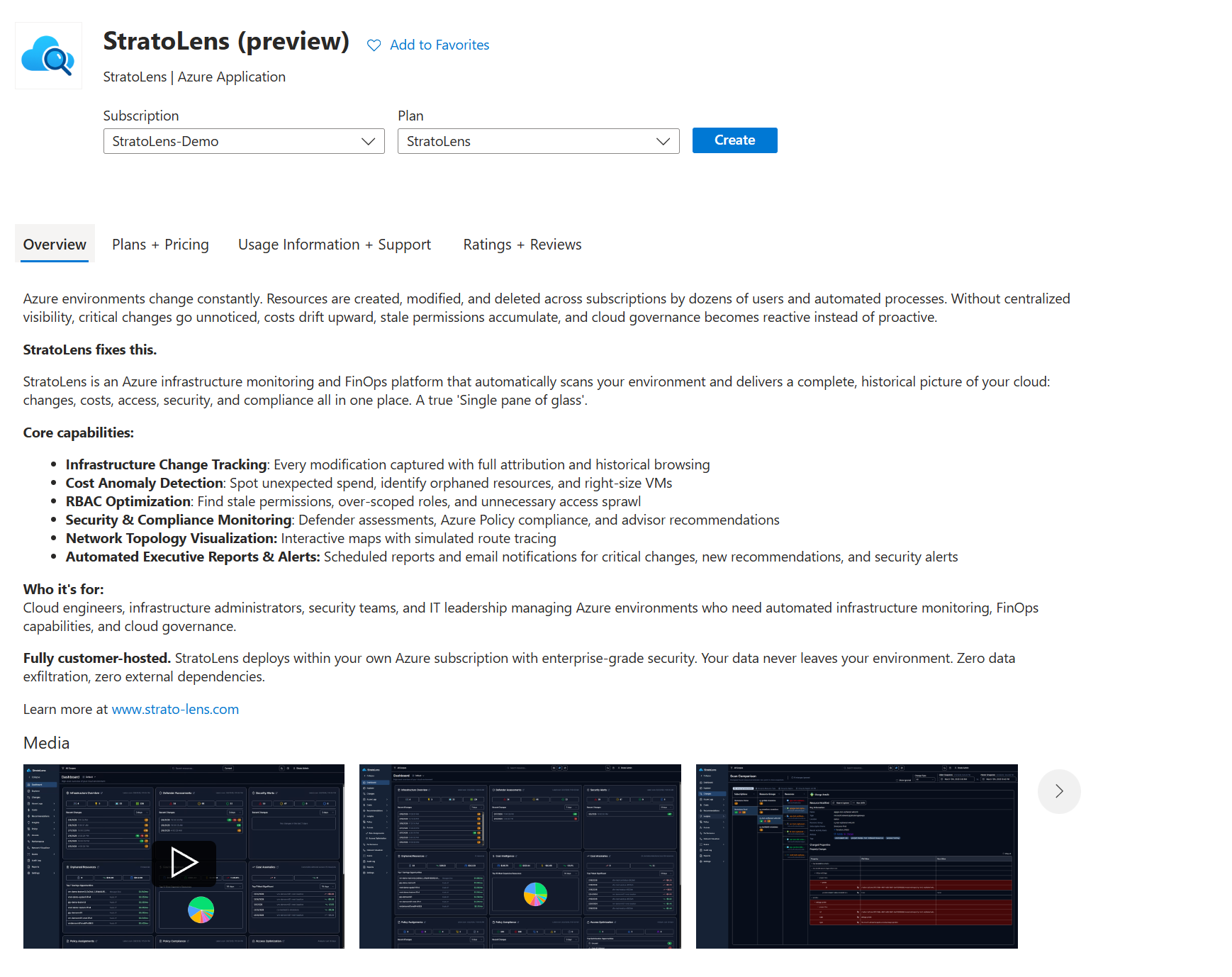 StratoLens (preview) listing on the Azure Marketplace with Subscription and Plan pickers and a Create button