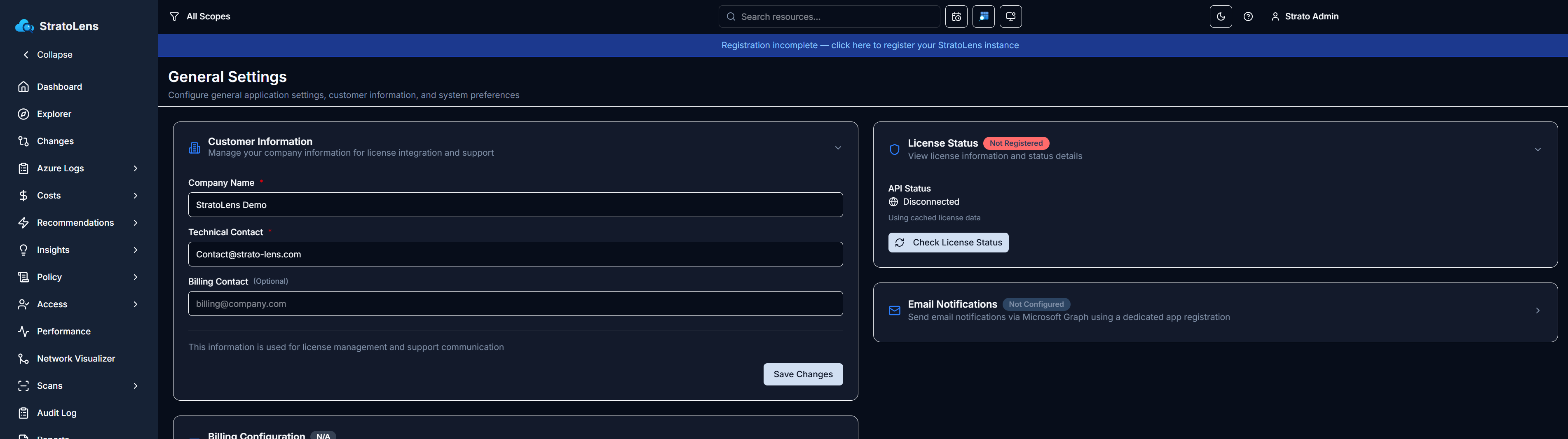 Settings General page with Customer Information form showing Company Name, Technical Contact, and Billing Contact fields, and a License Status panel marked Not Registered