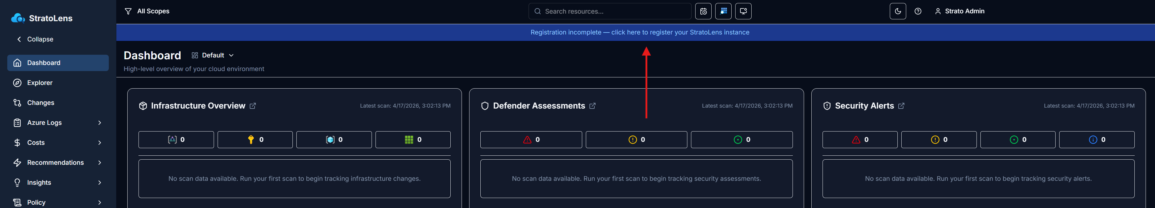 StratoLens Executive Dashboard on first launch with a Registration incomplete banner at the top