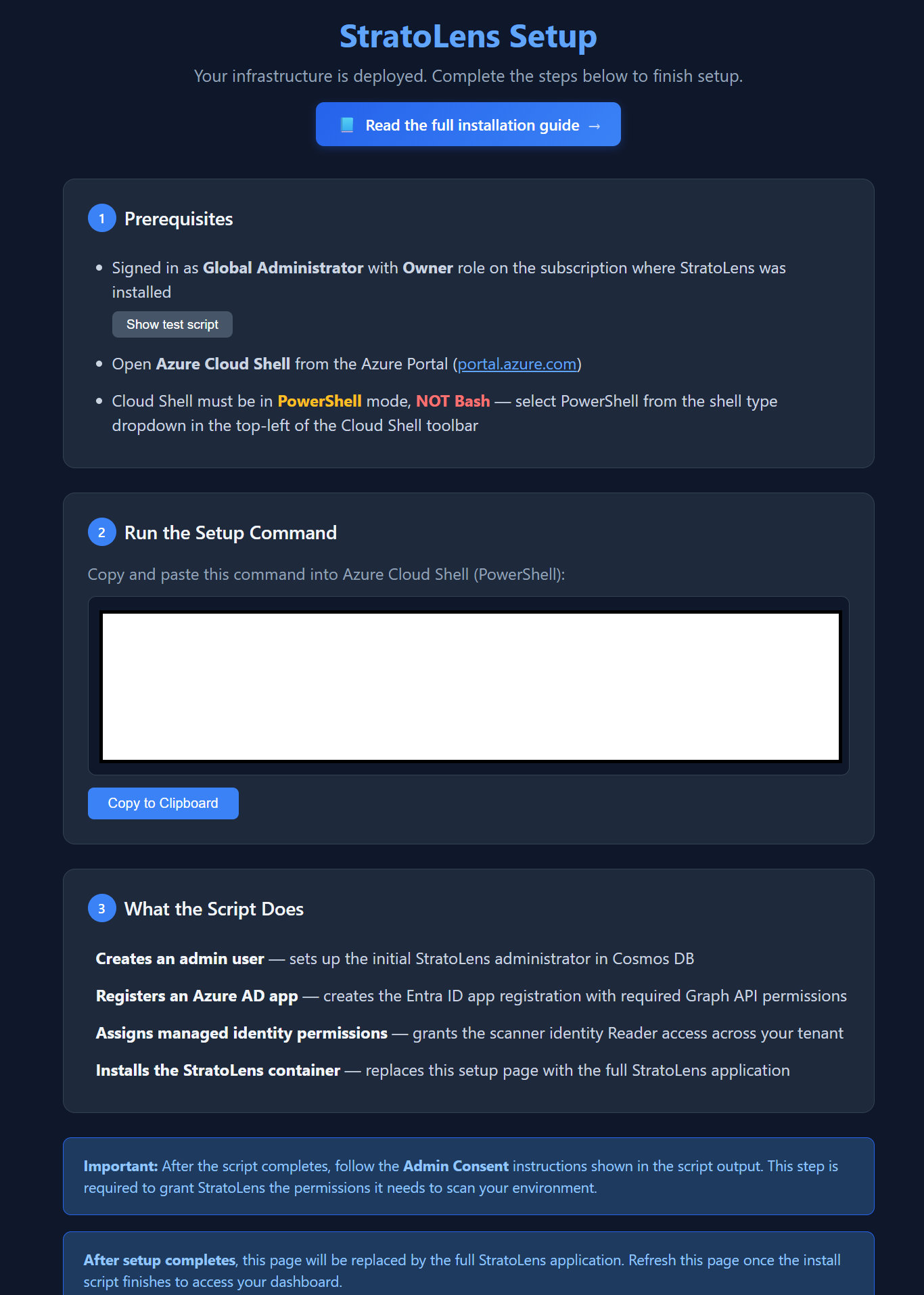 StratoLens Setup page showing Prerequisites, a pre-filled PowerShell setup command with Copy to Clipboard button, a What the Script Does section, and notices about admin consent and the page being replaced